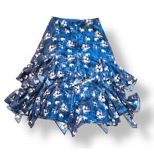 Peruvian Connection Womens Blue Floral Layered Skirt Sz 6 Whimsygoth